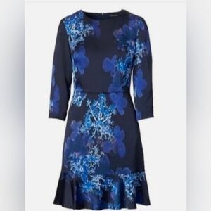 Banana Republic Navy Dress with Blue Floral Print - 3/4 Sleeve - Size 14